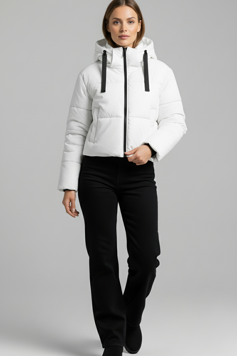 Woman wearing a white puffer jacket and black pants on a gray background
