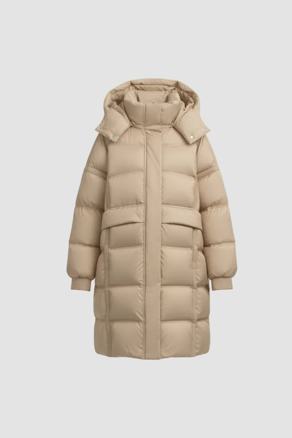 A beige puffer jacket set against a light gray background.