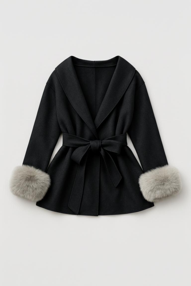 A black coat with fur-trimmed cuffs set against a light gray background.