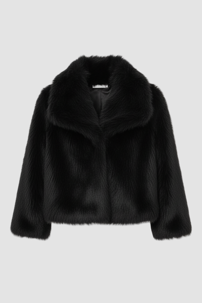 A black fur coat against a white background.