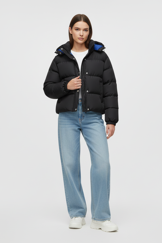 A black puffer jacket featuring a blue interior, set against a white background.