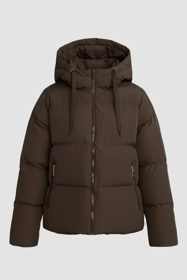 A brown puffer jacket against a light gray background.