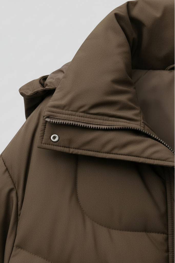 A brown puffer jacket is presented against a backdrop of light gray. The neutral light gray background serves to accentuate the brown tones of the puffer jacket. This simple composition focuses the viewer's attention on the jacket, highlighting its color and texture.