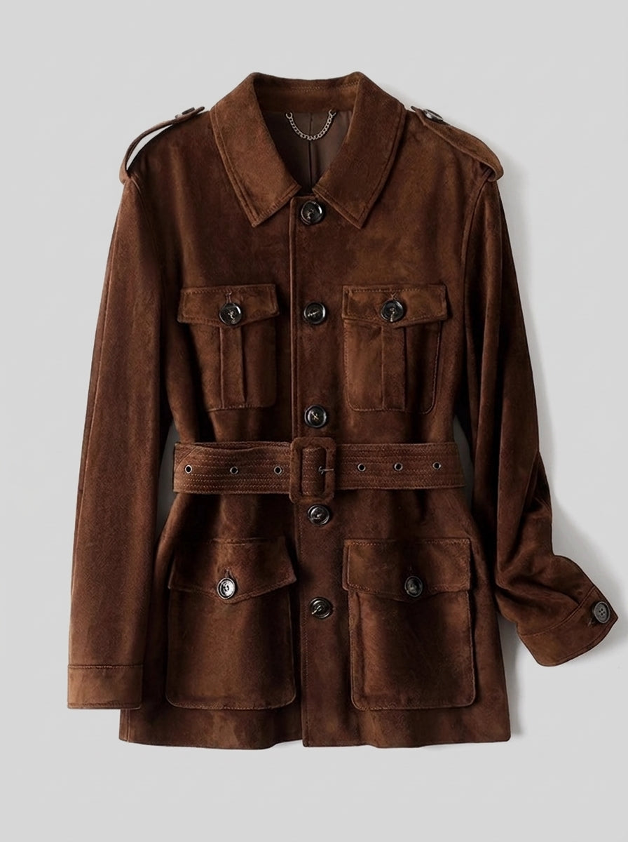 A brown suede military-style jacket with a matching belt, button front, and flap pockets, displayed against a solid gray background.