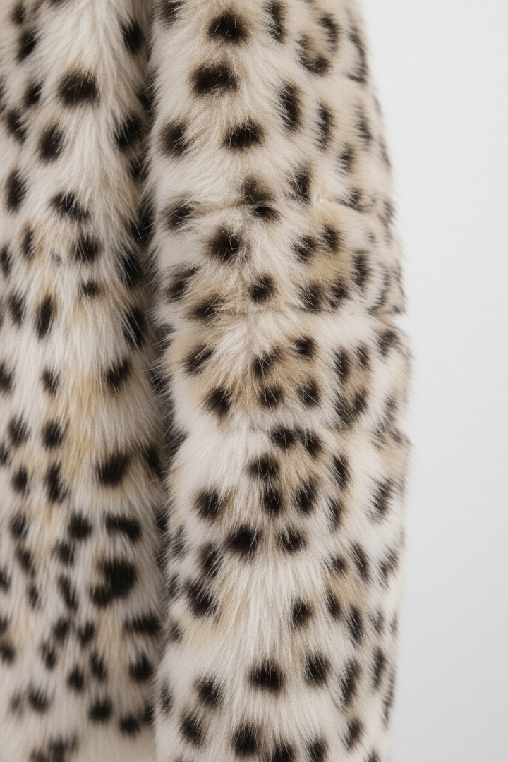 A close-up of a fur coat against a white background.