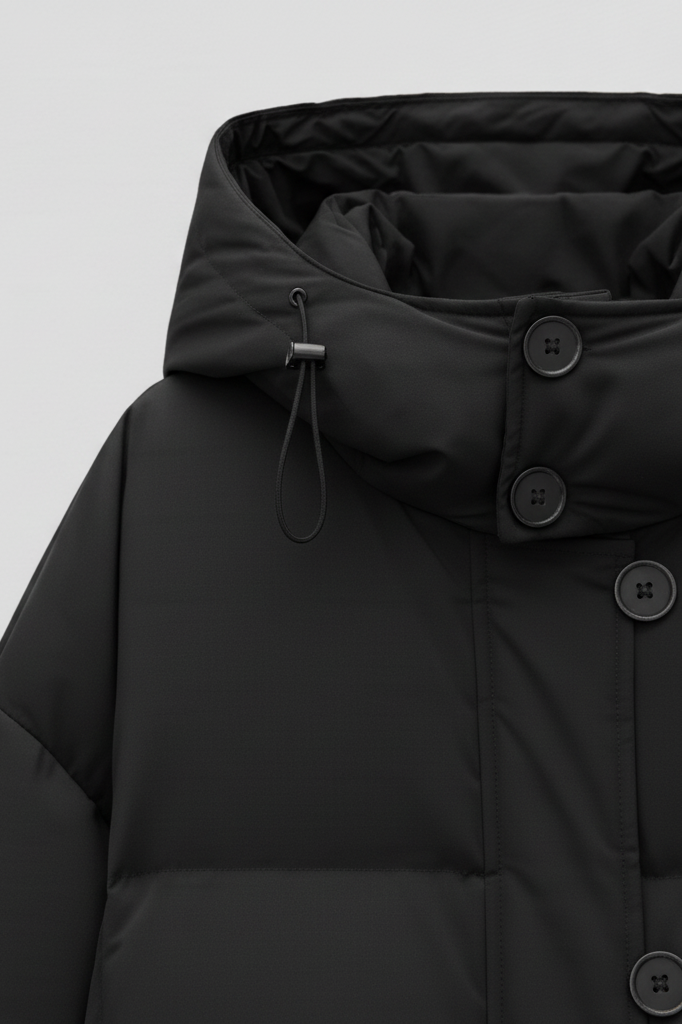 A close-up view of a cozy hooded down coat.