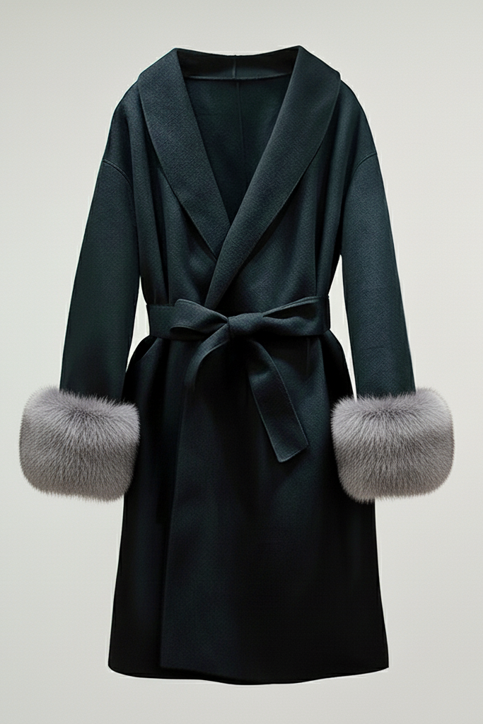 A dark green coat with fur cuffs set against a light gray background.