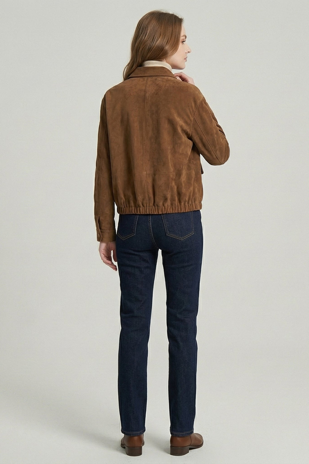 KENDALL - Brown suede jacket on model, back view