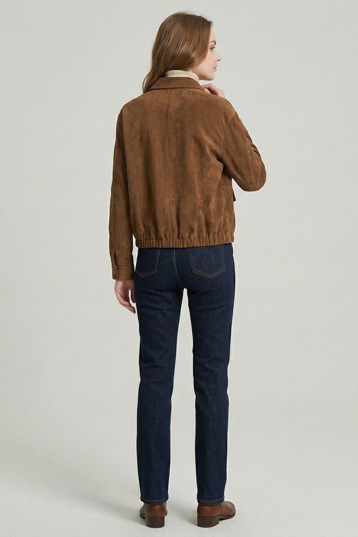 KENDALL - Brown suede jacket on model, back view