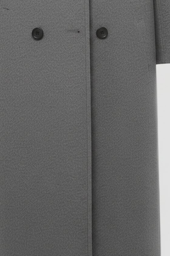 A gray coat with black buttons set against a light gray background.