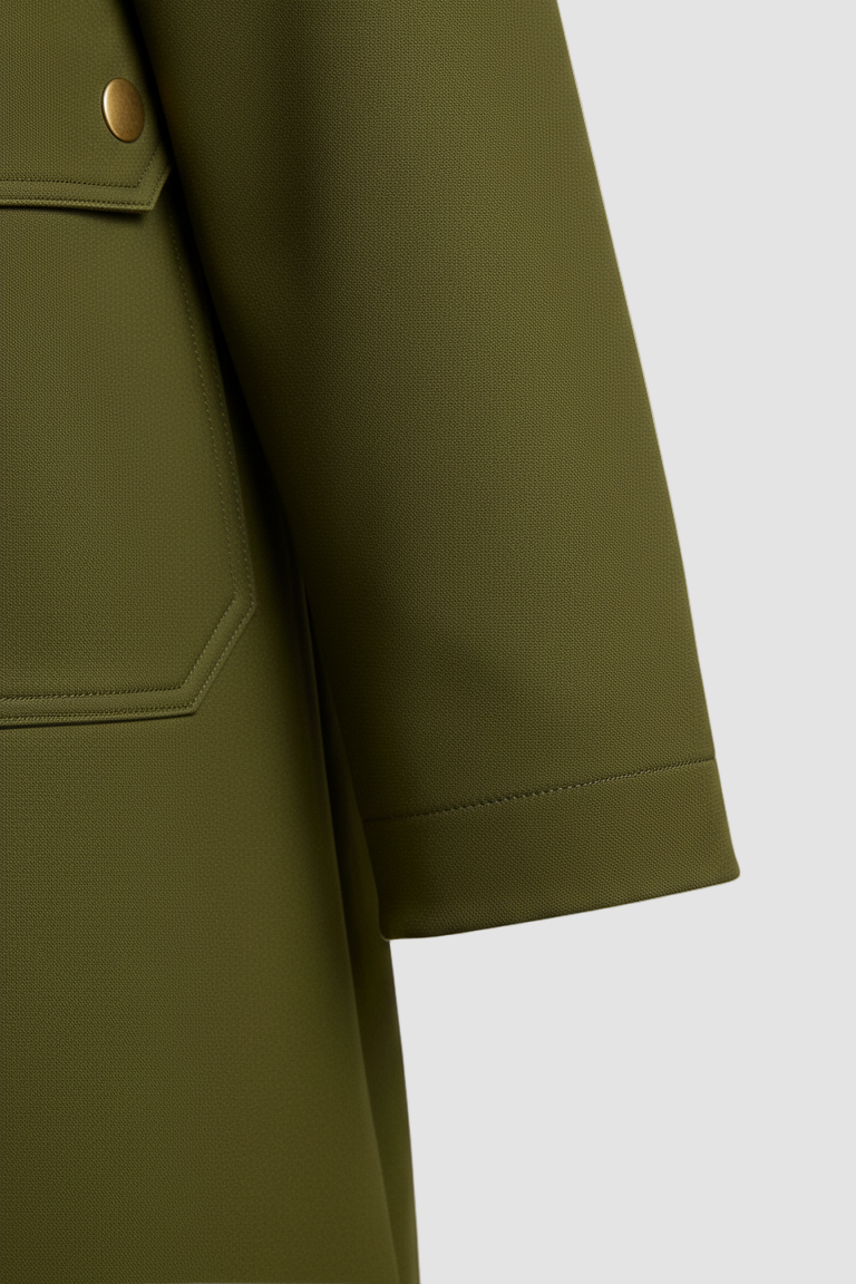 A green coat against a background.