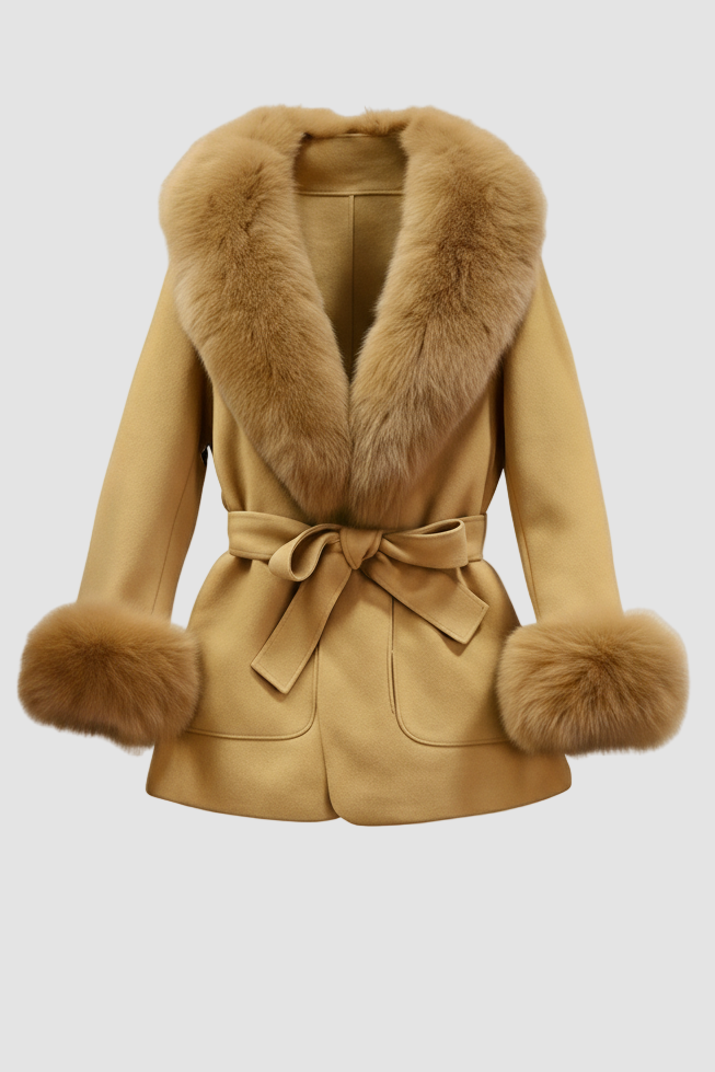 A tan coat featuring a fur collar and cuffs, set against a white background.