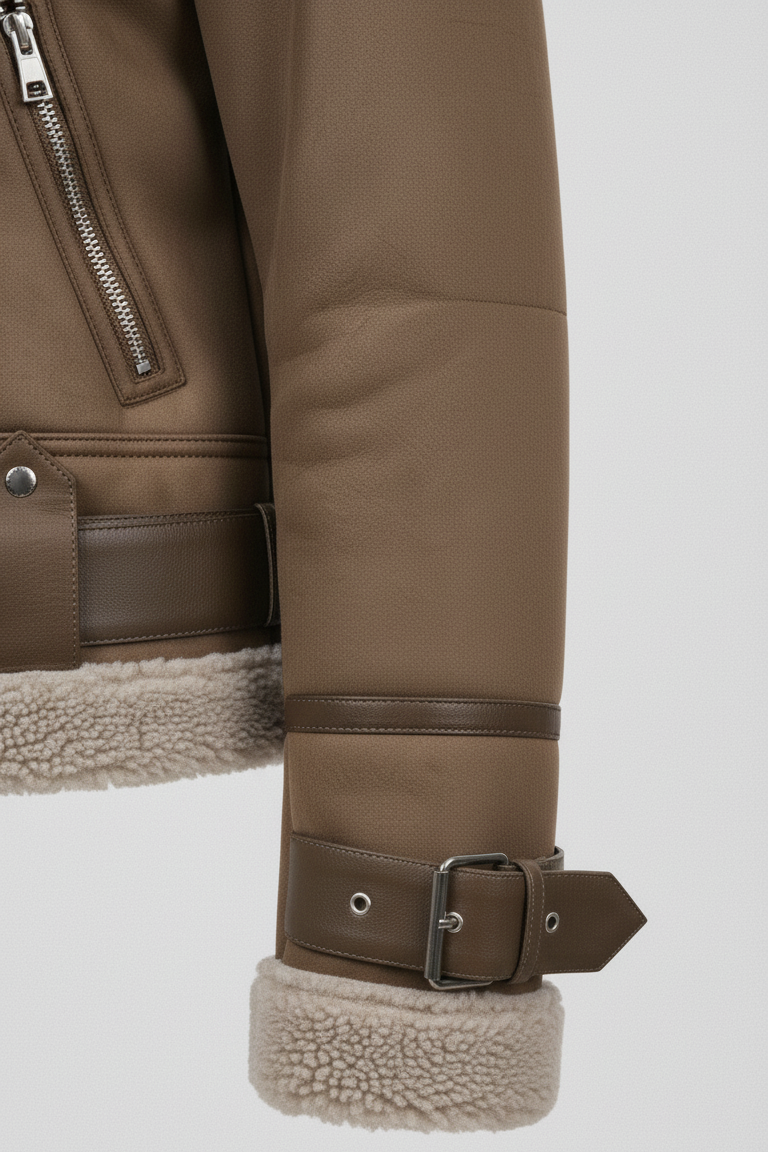 A white top matched with a brown leather jacket.