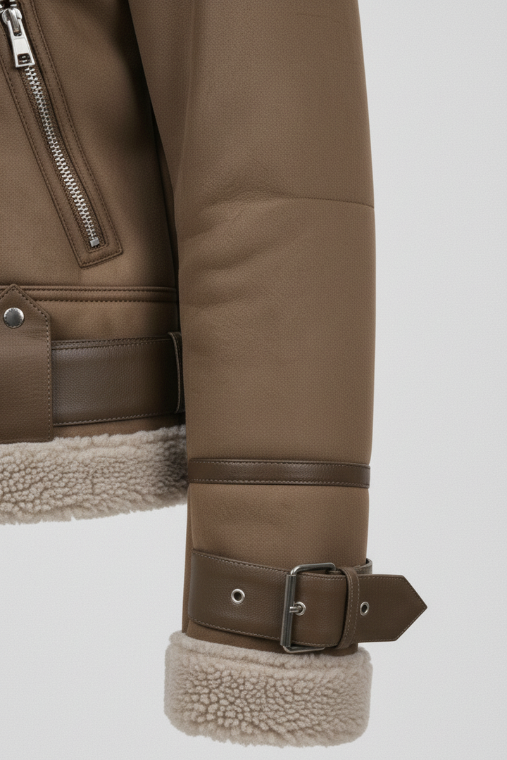 A white top matched with a brown leather jacket.