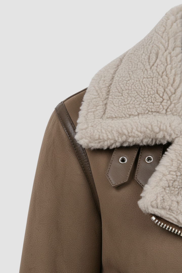 A white top matched with a brown leather jacket.