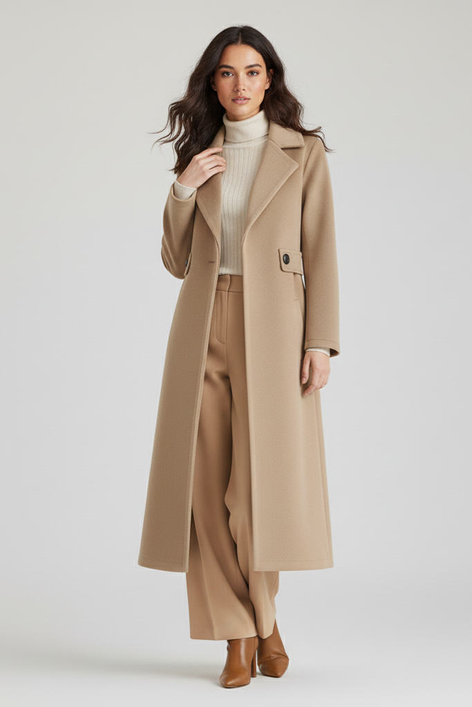 A woman dressed in a beige coat and matching pants stands against a white background.