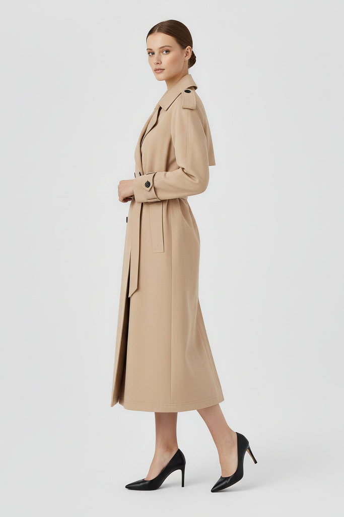 A woman dressed in a beige trench coat stands against a light gray background.