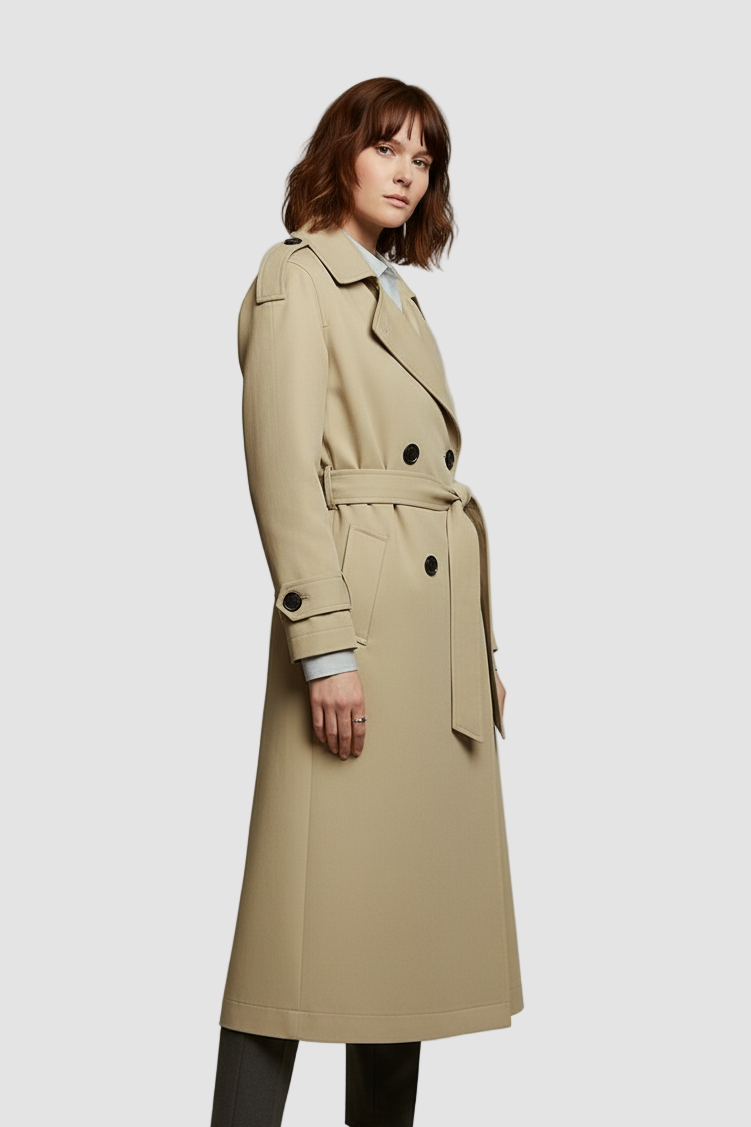 A woman dressed in a beige trench coat stands against a simple, plain background.