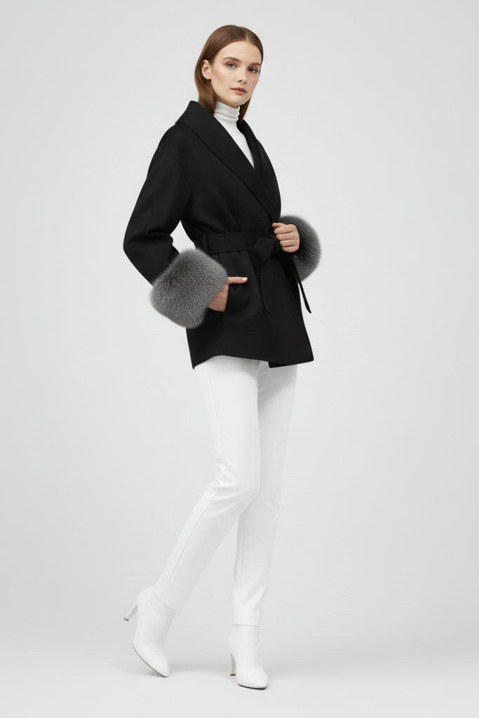 A woman dressed in a black coat with fur-trimmed cuffs stands against a white background.