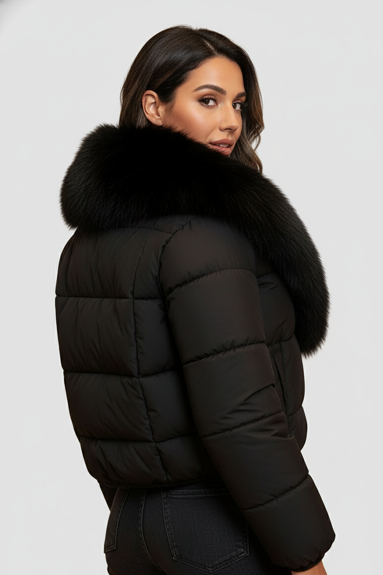 A woman dressed in a black puffer jacket with a fur-lined hood stands against a plain white background.