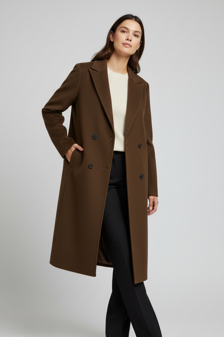 A woman dressed in a brown coat against a plain white background.