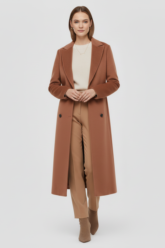 A woman dressed in a brown coat and beige pants stands against a plain white background.
