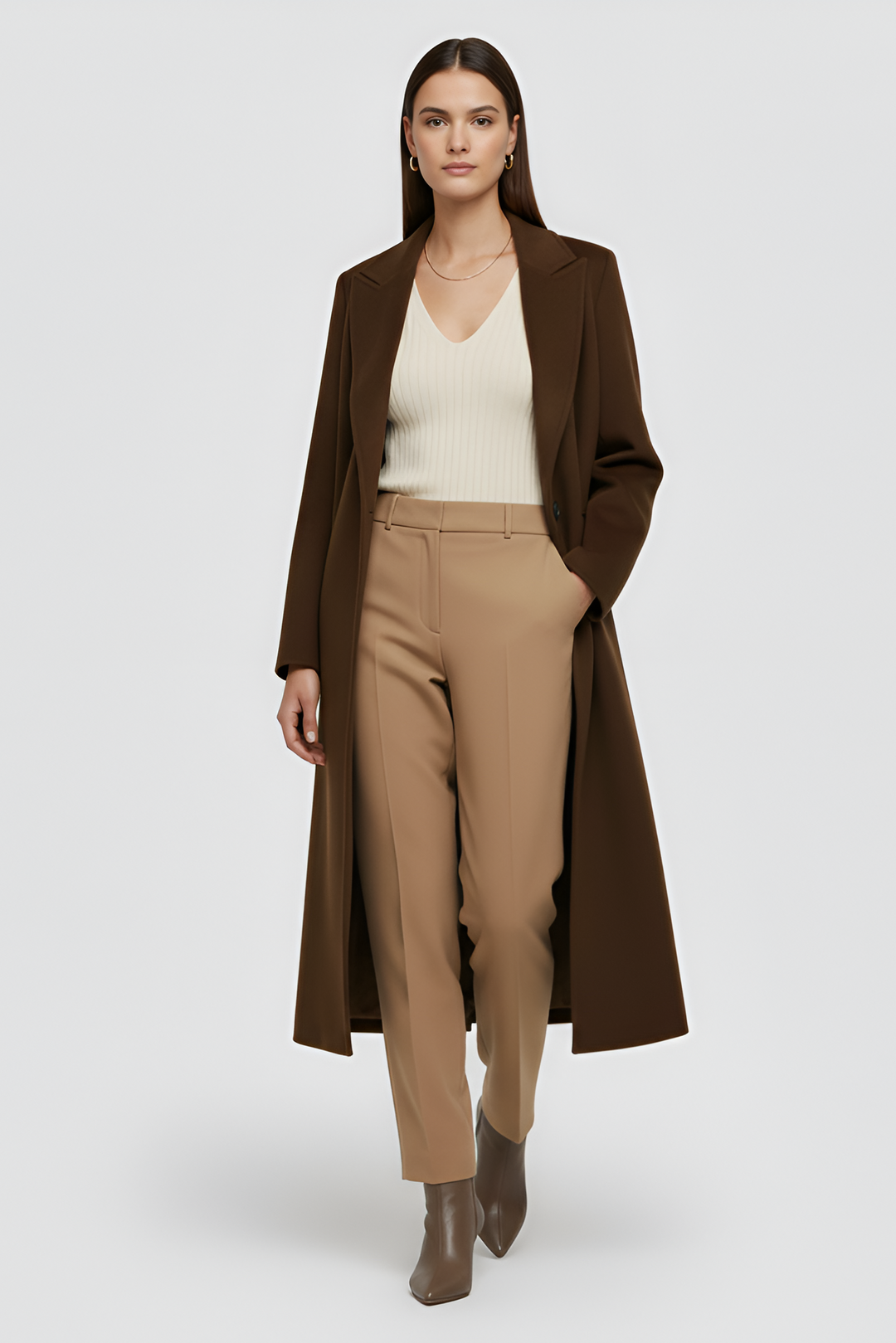 A woman dressed in a brown coat, beige top, and tan pants stands against a plain white background.