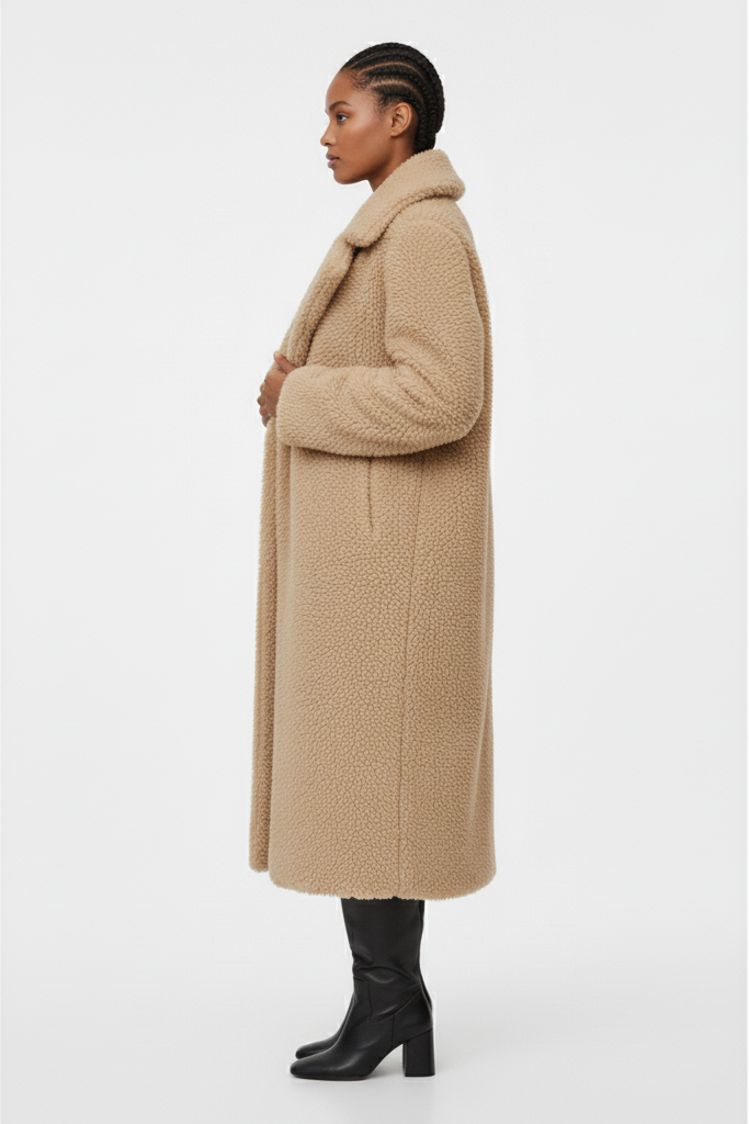 A woman dressed in a camel coat stands against a plain white background.