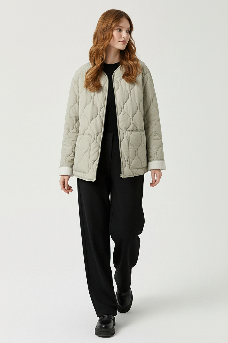 A woman dressed in a light green quilted jacket against a plain white background.