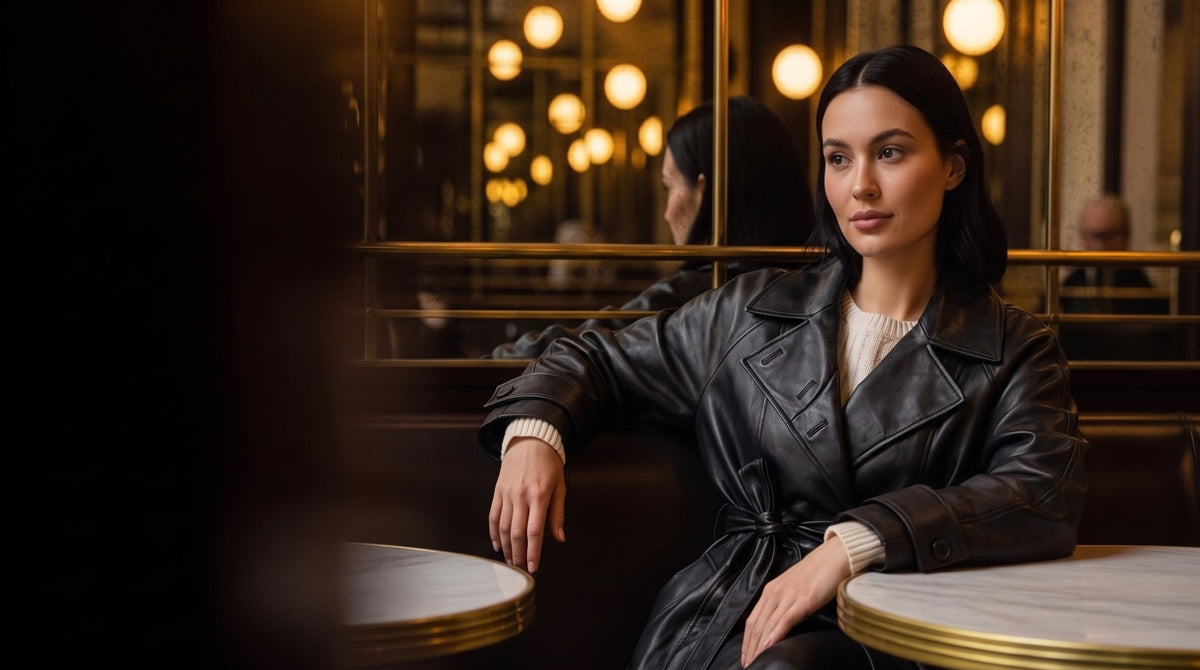 A woman wearing a black leather trench coat sits at a table in a warm, upscale cafe  setting with gold-toned lights and mirrors in the background.