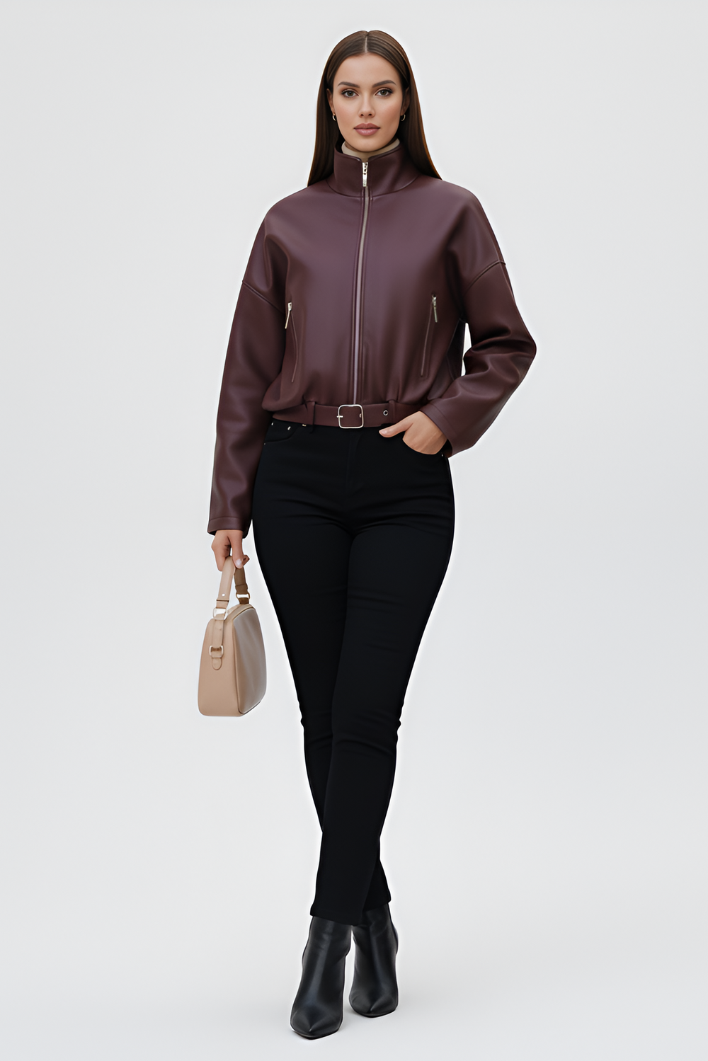 Add edge to your look with the AVELON Faux Leather Bomber Jacket burgundy PU, zip front, and funnel neck for bold urban style.