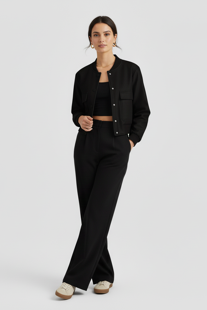 Woman wearing a black outfit on a light gray background