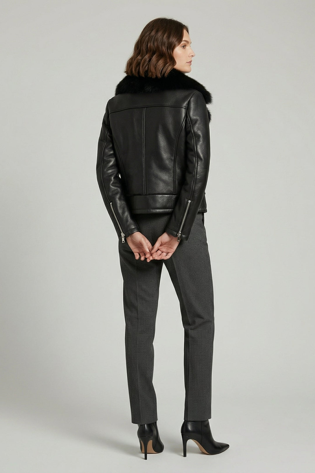 BENTLEY – Shearling Leather jacket - black faux fur collar, Back view