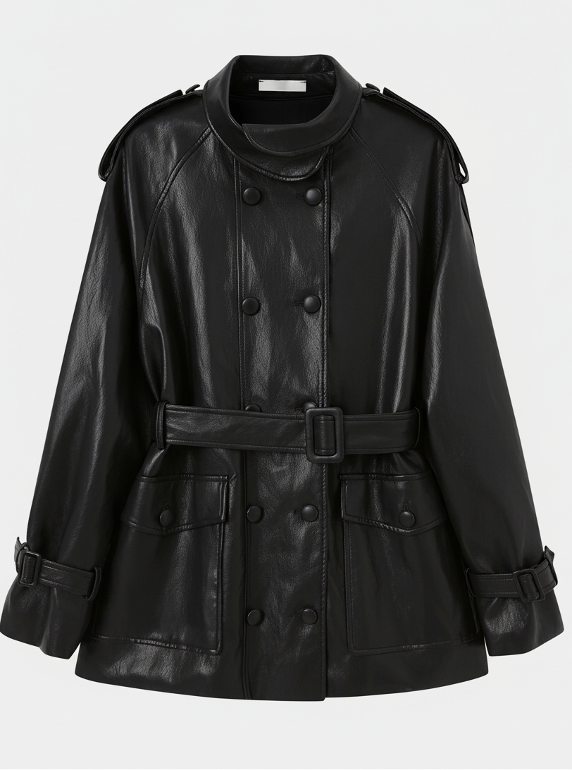 BLAKE - Black leather double-breasted jacket with belt