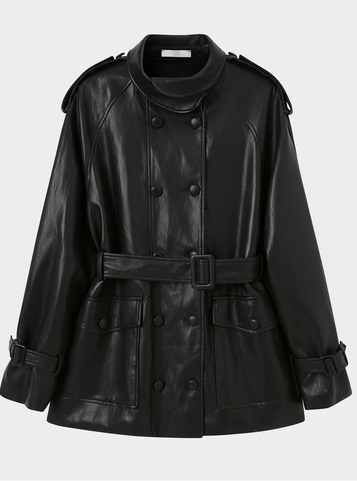 BLAKE - Black leather double-breasted jacket with belt