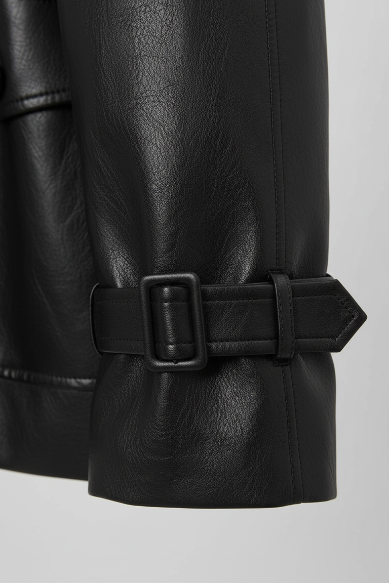 BLAKE - Black leather jacket sleeve with adjustable buckle strap