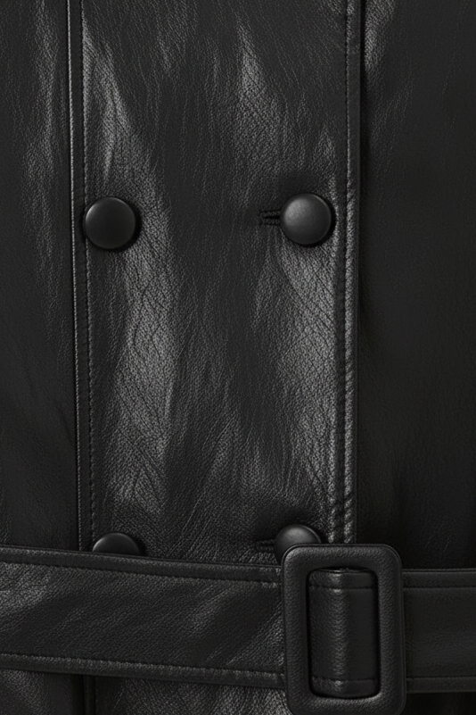 BLAKE - Black leather trench coat with buttons and buckle details