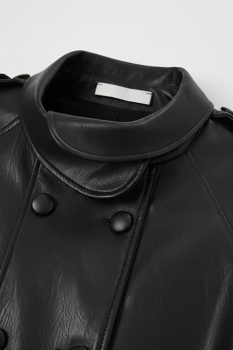 BLAKE - Close-up of black leather jacket collar and buttons
