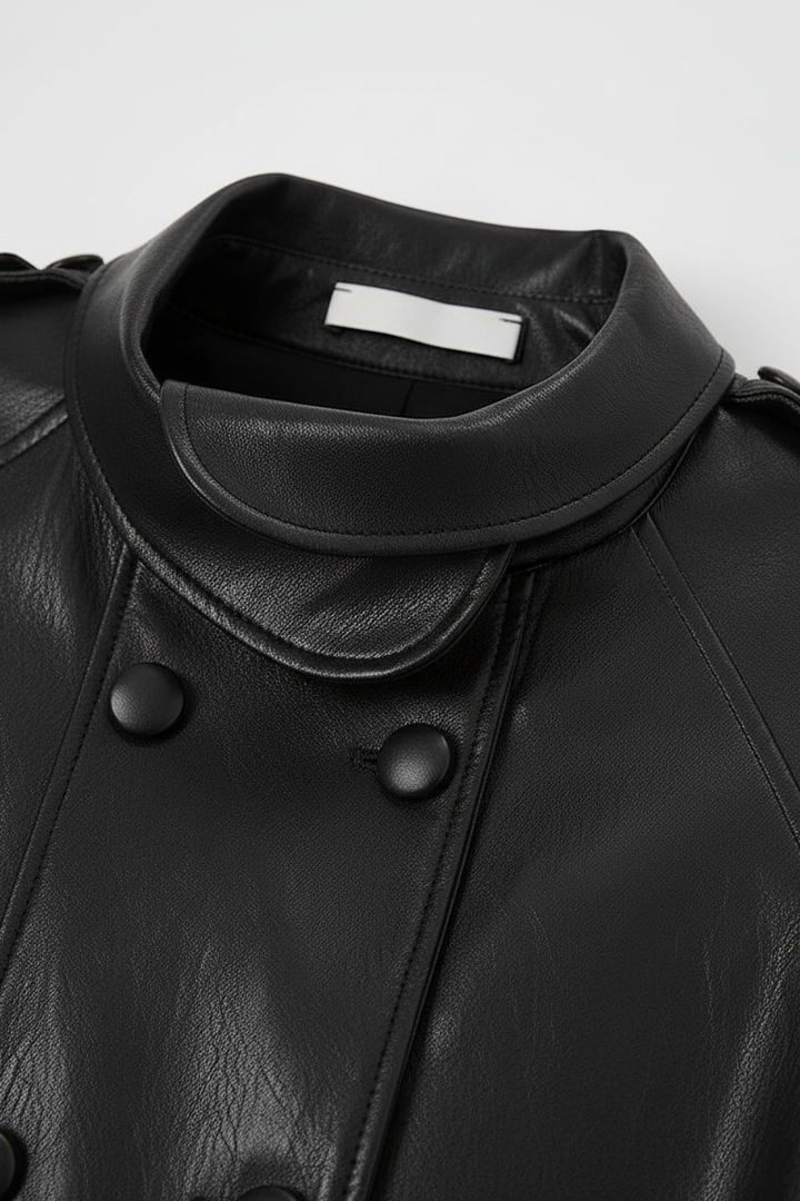 BLAKE - Close-up of black leather jacket collar and buttons