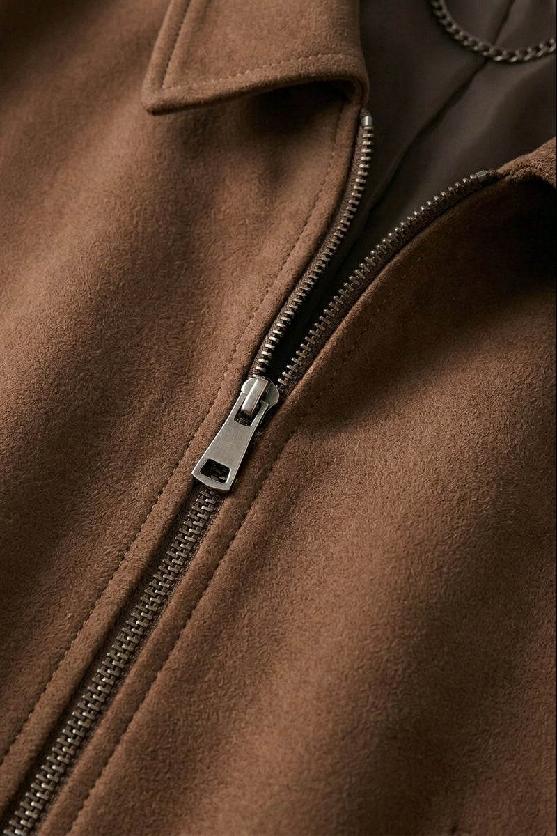 BRADLEY - Brown suede bomber jacket, zipped close-up shot