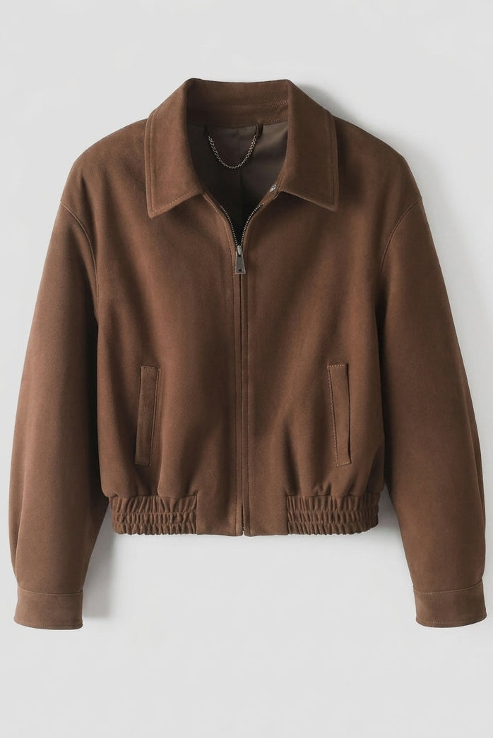 BRADLEY - Brown suede bomber jacket, zipped front, collared
