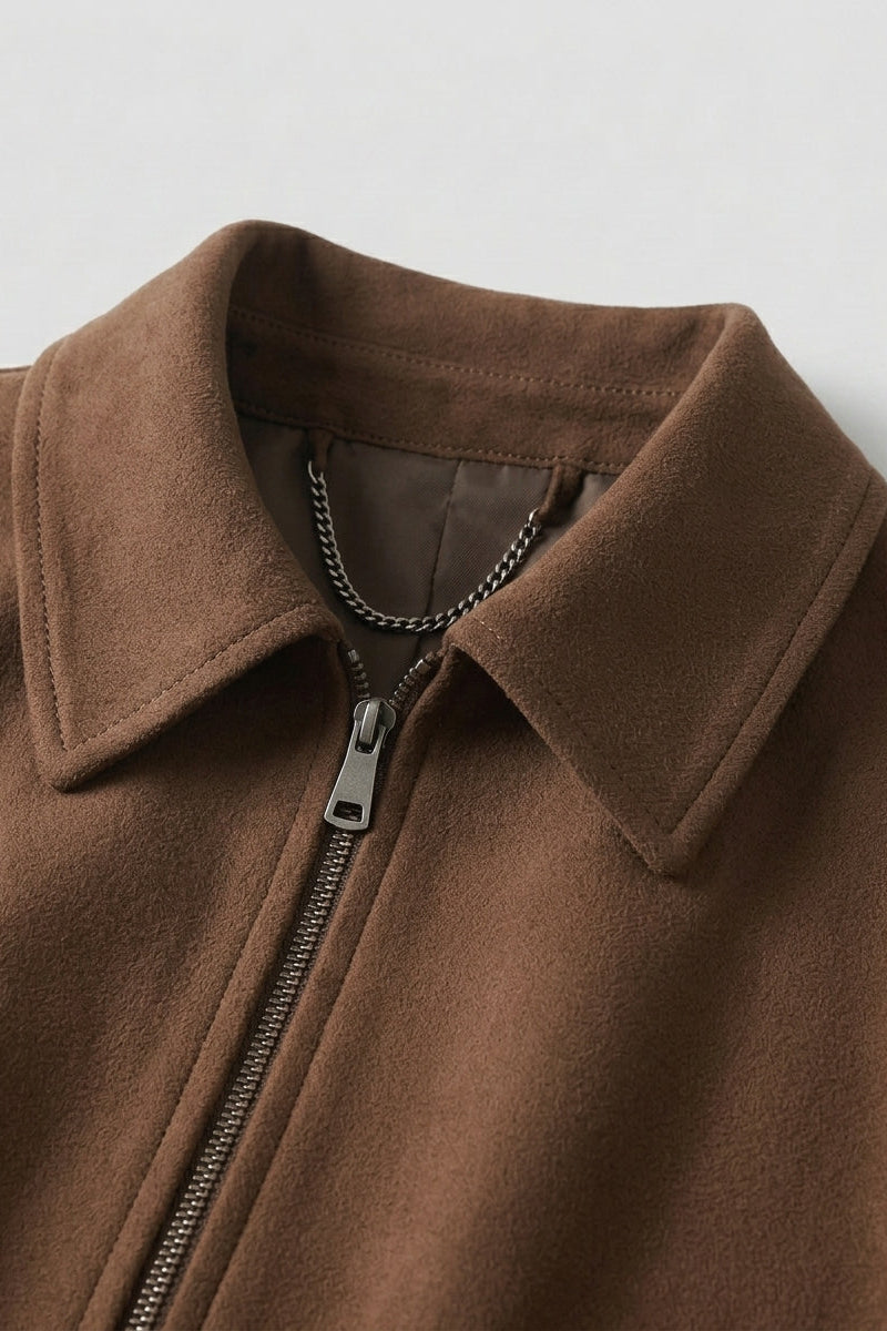 BRADLEY - Brown suede bomber jacket, zipped front, collared close-up