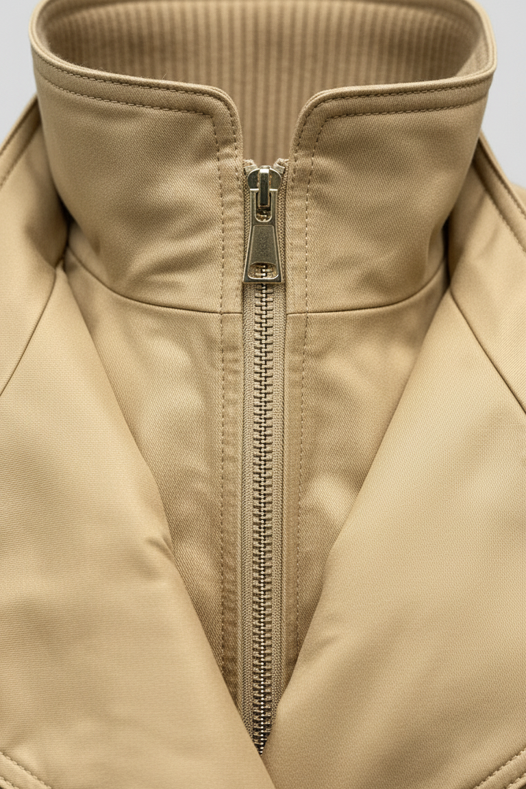 BRIAR - Detail of tan jacket shoulder and lapel stitching, Rule Strict: Generete in english