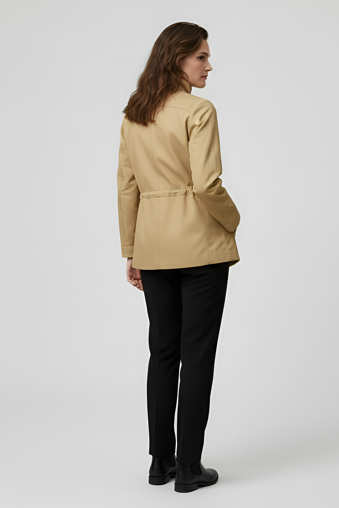 BRIAR - Close-up of tan jacket collar and zipper, Rule Strict: Generete in english
