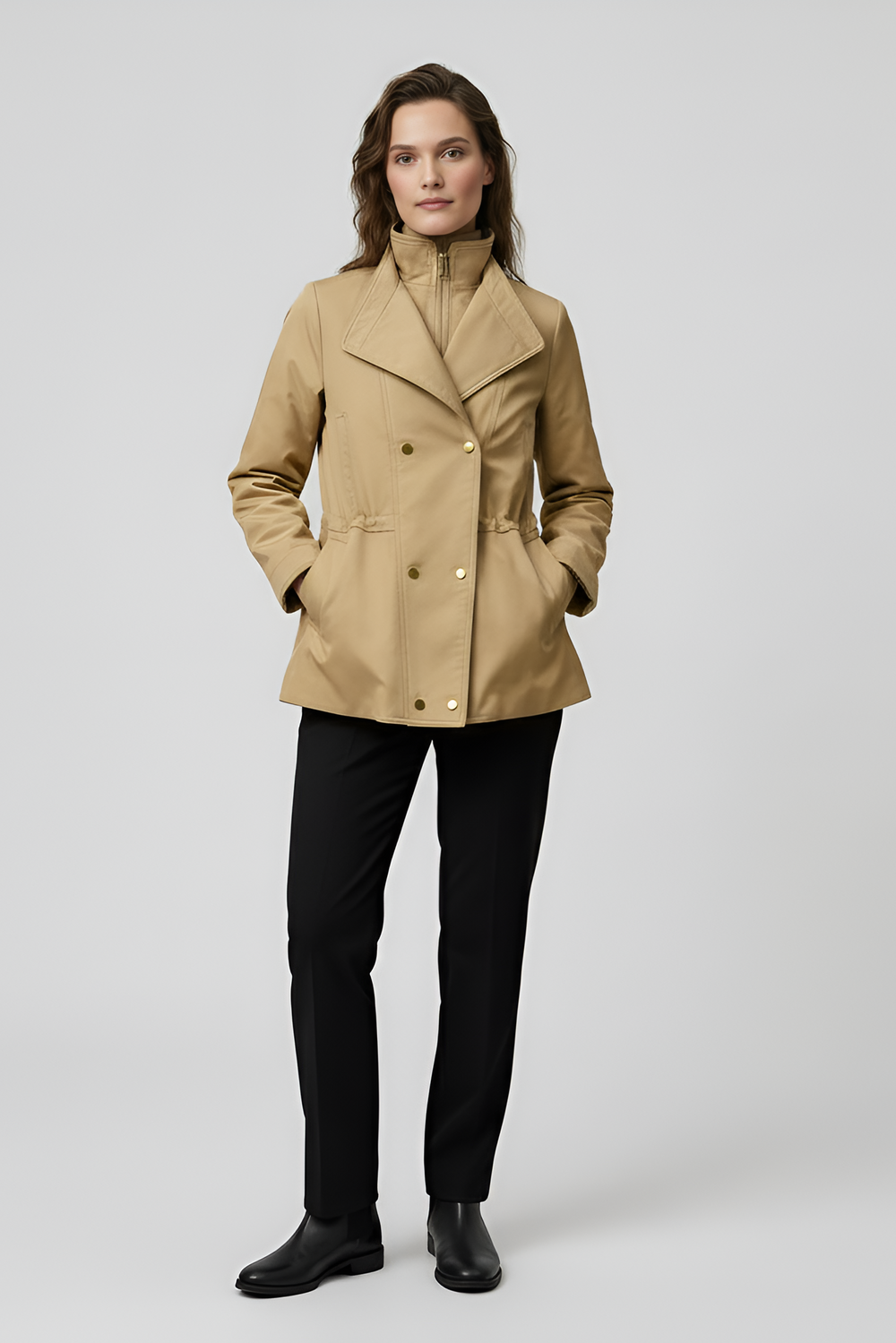 BRIAR - Woman in tan trench coat and black pants, side view, Rule Strict: Generete in english