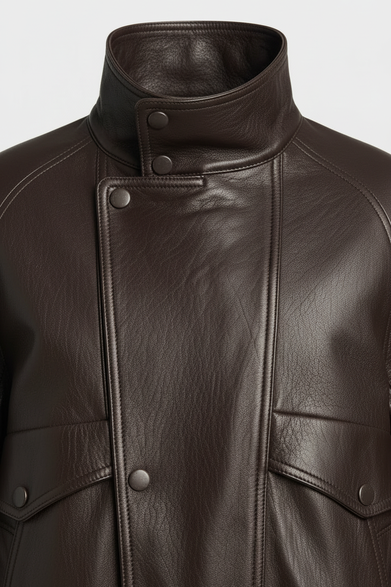 BRISTOL - Brown leather jacket, front close-up collar and buttons detail
