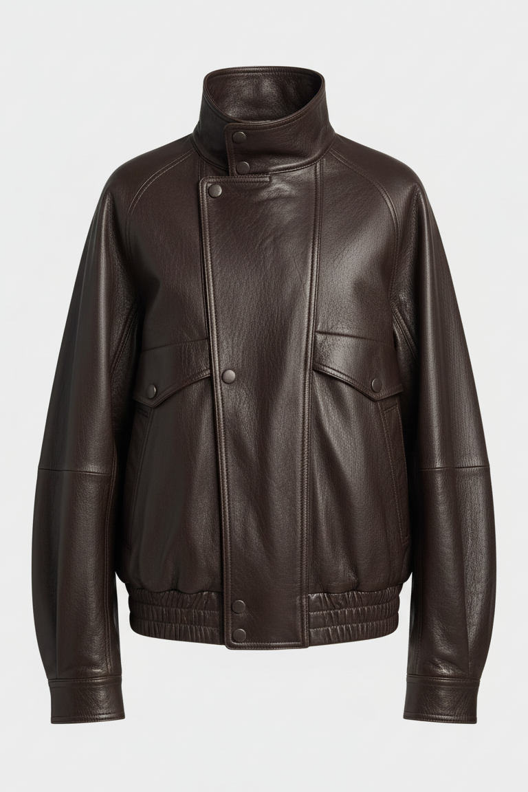 BRISTOL - Brown leather jacket, front close-up, emphasizing texture and sleeve design