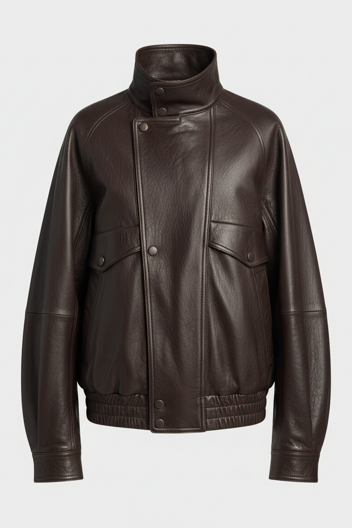 BRISTOL - Brown leather jacket, front close-up, emphasizing texture and sleeve design