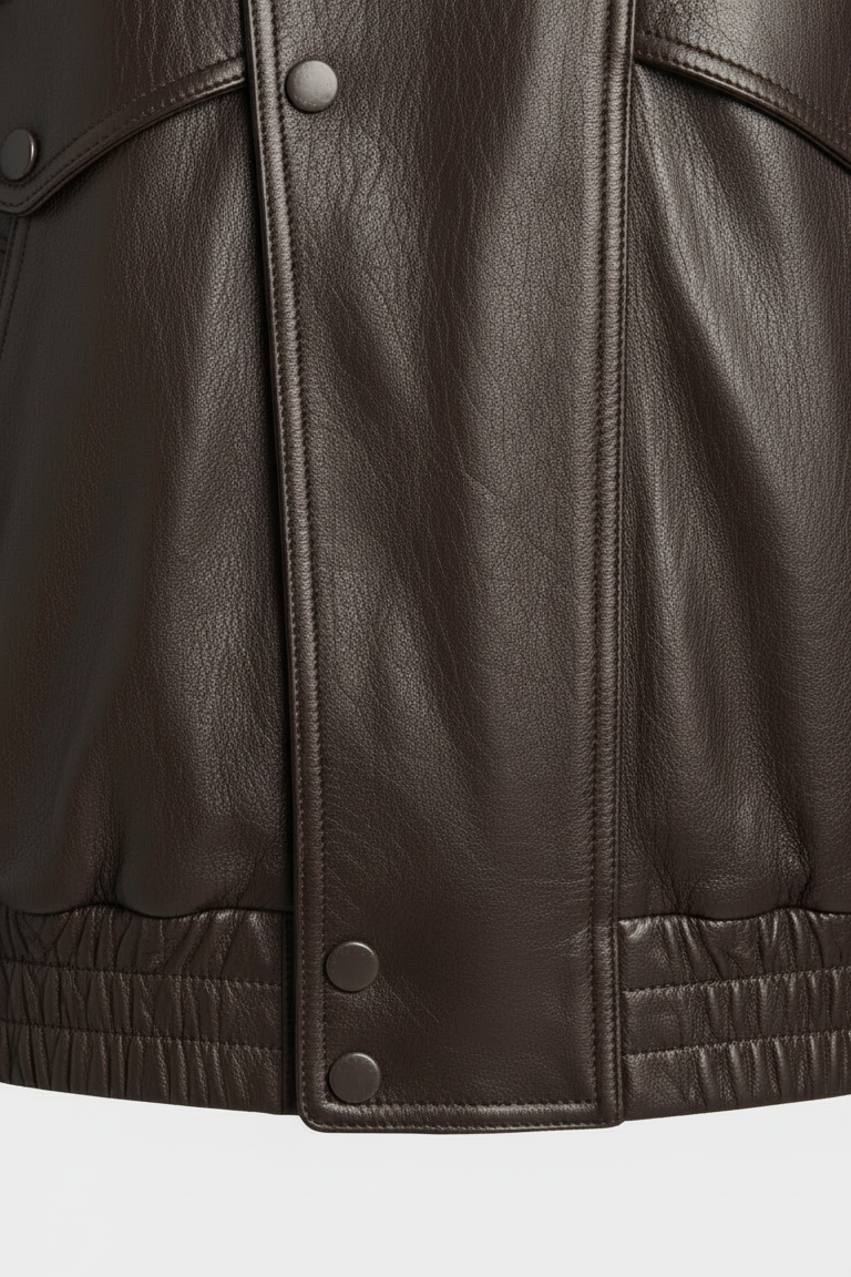 BRISTOL - Brown leather jacket, front close-up, emphasizing texture and sleeve design