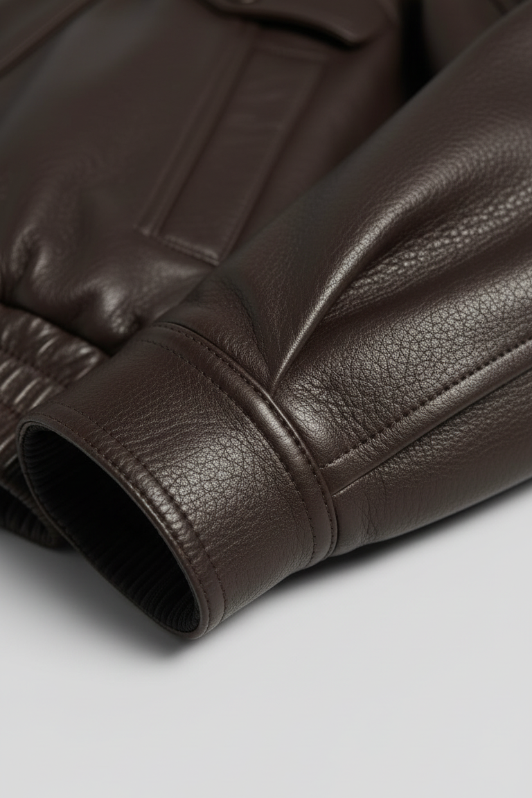 BRISTOL - Brown leather jacket, front close-up sleeve design